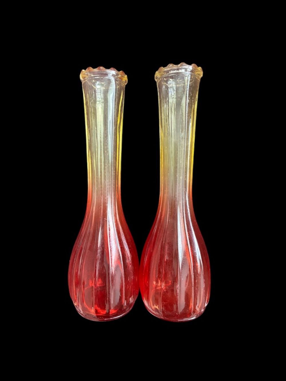 2 Jeanette Glass 9” Amberina Vases